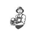 Farmer man with raw steak meat piece butchery shop agricultural market vintage icon vector