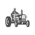 Farmer man riding tractor agriculture work rustic lifestyle harvest cultivation vintage icon vector
