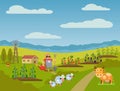 Farmer man with shovel and watering can cartoon flat style vector illustration. Animal cow, sheeps and garden beds with