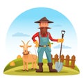 Farmer man with spade and goat on field