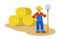 Farmer man standing with pitchfork flat illustration Royalty Free Stock Photo