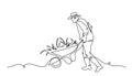 Farmer man with wheelbarrow. Vector background, banner, poster. One continuous line art drawing illustration of farmer