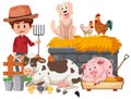 Farmer and many animals on white background