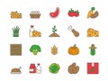 Farmer market. Agriculture farm icons. Local vegetable produce. Grocery color symbols. Food products. Bio gardening