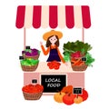 Farmer market stall with local products. Woman selling fresh vegetables on village fair. Female with organic veggie in