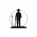 Farmer with mattock in field silhouette AI generative image