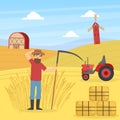 Farmer Mowing Grass with Scythe, Agricultural Worker Working at Farm, Autumn Rural Landscape Vector illustration