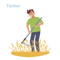 A farmer mows the field with wheat scythe. Vector illustration