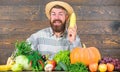 Farmer with organic homegrown vegetables. Grow organic crops. Community gardens and farms. Healthy lifestyle. Homegrown Royalty Free Stock Photo