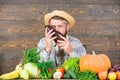 Farmer with organic homegrown vegetables. Grow organic crops. Community gardens and farms. Homegrown organic food Royalty Free Stock Photo