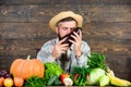 Farmer with organic homegrown vegetables. Grow organic crops. Community gardens and farms. Homegrown organic food Royalty Free Stock Photo