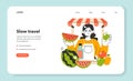 Farmer organic market web banner or landing page. Woman sell own