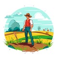 Farmer overlooks a hilly countryside. A healthy lifestyle, agriculture, farm concept. Cartoon vector illustration. label, sticker