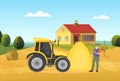 Farmer people work in village rural landscape, holding pitchfork, standing near tractor Royalty Free Stock Photo