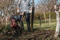 Farmer performing garden soil tillage with old poor cultivator tiller agricultural machine