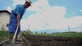 Farmer picks up a piece of plant and throws it into the vegetables on the field