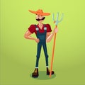 Farmer with a pitchfork. cartoon character. Country worker.