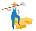 Farmer with pitchfork flat vector character. Autumn harvest concept on white background. Farm worker standing with hay bales,
