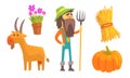 Farmer, goat and farm tools. Vector illustration.