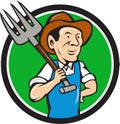 Farmer Pitchfork On Shoulder Circle Cartoon