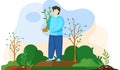 Farmer plants seedling. Cartoon agricultural worker takes care of crops, gardener grows small tree