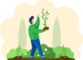 Farmer plants seedling. Cartoon agricultural worker takes care of crops, gardener grows small tree