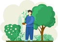 Farmer plants seedling. Cartoon agricultural worker takes care of crops, gardener grows small tree