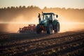 Farmer Plowing Field on Hazy Morning