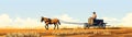 Farmer Plowing Field With Horsedrawn Plow. Panoramic Banner Illustration. Generative AI