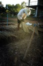 Farmer plowing soil for planting ,