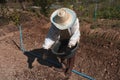 Farmer plowing soil for planting ,