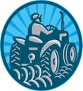 Farmer Plowing With Tractor Retro