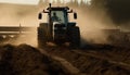 Farmer plows field with heavy machinery in sunlight generated by AI