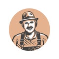 Farmer portrait, organic products logo. Agriculture, farm symbol. Vector sketch illustration