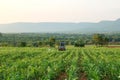 Farmer preparing and spraying pesticides on field