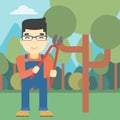 Farmer with pruner in garden vector illustration.