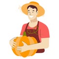 Cute Farmer in a straw hat. Farmer holds a large Pumpkin in his hands. Royalty Free Stock Photo