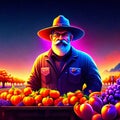 Farmer at the pumpkin patch at sunset. 3D rendering. AI generated Royalty Free Stock Photo