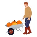 Farmer pushing wheelbarrow with autumn harvest. Farm worker going with garden cart with pumpkins harvest. Man and