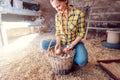 Farmer putting chicken eggs in her basket after collecting them