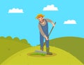 Farmer with Rake on Field Vector Illustration