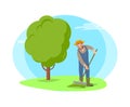 Farmer Raking Grass in Garden Cartoon Vector Icon