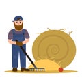 Farmer redneck with beard in overalls and baseball cap hat working with rake and a round sheaf of hay. Vector