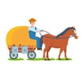 Farmer Rides Horse On Cart, The Environmentally Friendly Farm Craft.