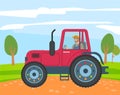 Farmer rides red agricultural machine. Cultivating the land, growing vegetables. Farming vehicle