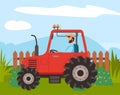 Farmer rides tractor. Rural fence, lawn, bushes. Agriculture, harvesting. Farming on tractor self-sufficiency