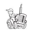Farmer Riding and Driving a Vintage Farm Tractor Cartoon Black and White Royalty Free Stock Photo