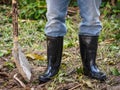 Farmer in rubber boots standing in the field. farm concept. Royalty Free Stock Photo