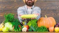 Farmer rustic villager appearance. Grow organic crops. Farmer straw hat presenting fresh vegetables. Man cheerful Royalty Free Stock Photo