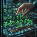 Farmer s Hand Operating Holographic Interface for Futuristic Vertical Farm with Real Time Data Visualizations